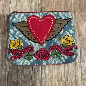 Melody Ross Brave Girl DEMDACO Embroidered Winged Heart Floral Zipper Pouch Blue